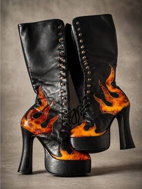 ELIE Vintage Y2K Flame Platform Heel Boots Black Faux Leather Lace Up Size 6